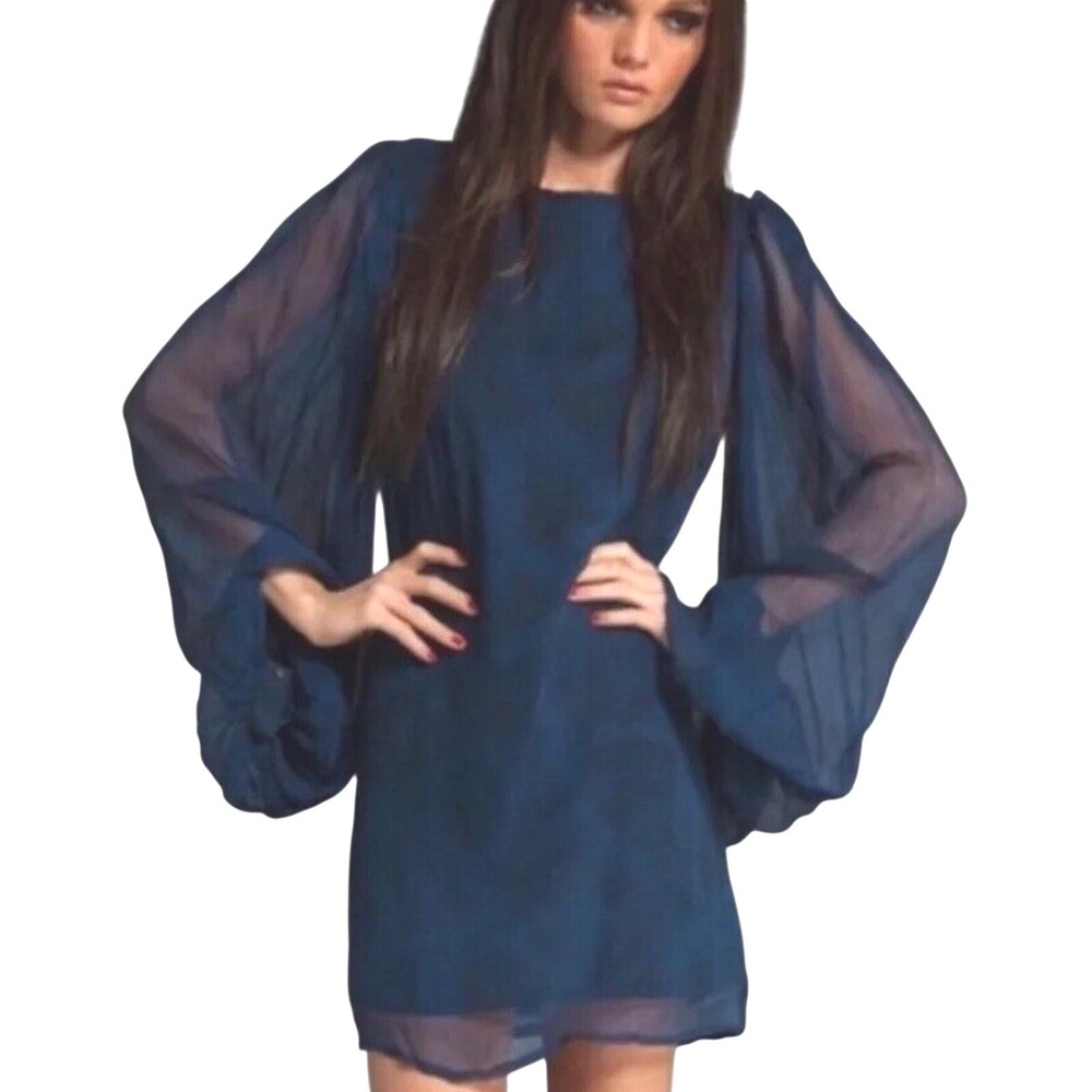 Winter Kate Blue Silk Dress Sheer Puff Statement Sleeves Woman's Small Cocktail
